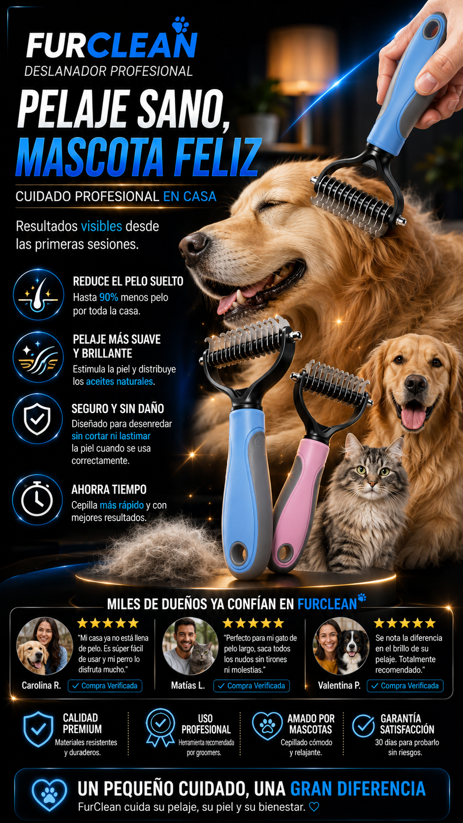 FurClean Pro™ | Cepillo Deslanador Profesional para Perros y Gatos